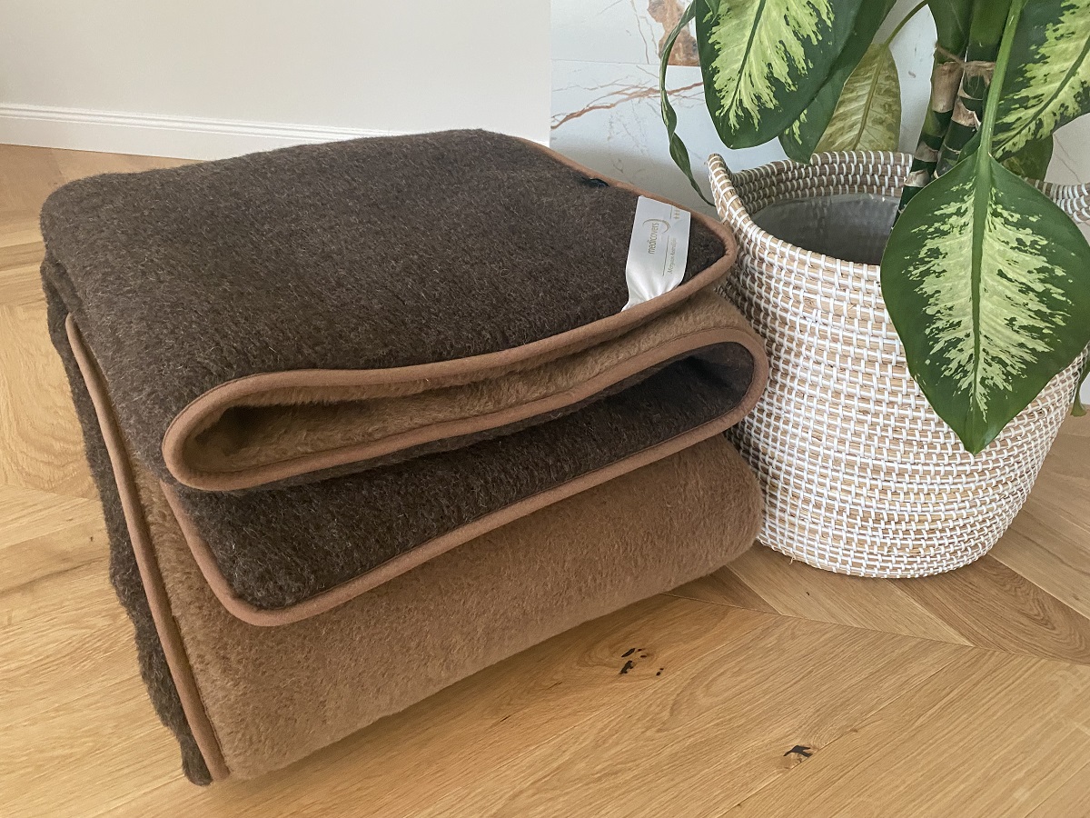 KOŁDRA WEŁNIANA MERYNOS SYBERIA DZIKI BRĄZ + CAMEL CIEMNY 200X200