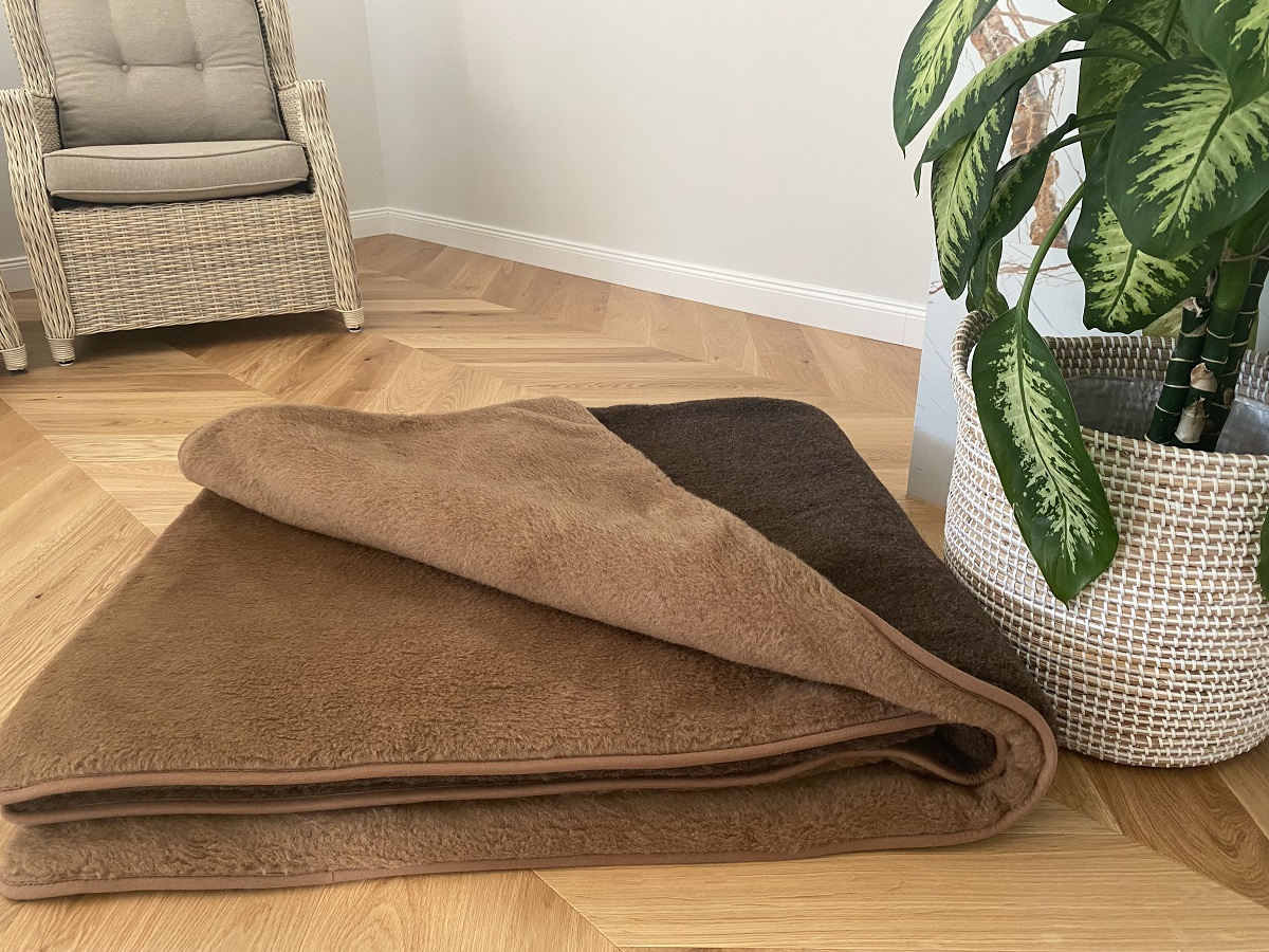 KOŁDRA WEŁNIANA MERYNOS SYBERIA DZIKI BRĄZ + CAMEL CIEMNY 200X200