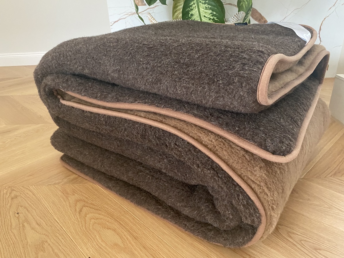 KOŁDRA WEŁNIANA MERYNOS SYBERIA DZIKI BRĄZ + CAMEL CIEMNY 200X200