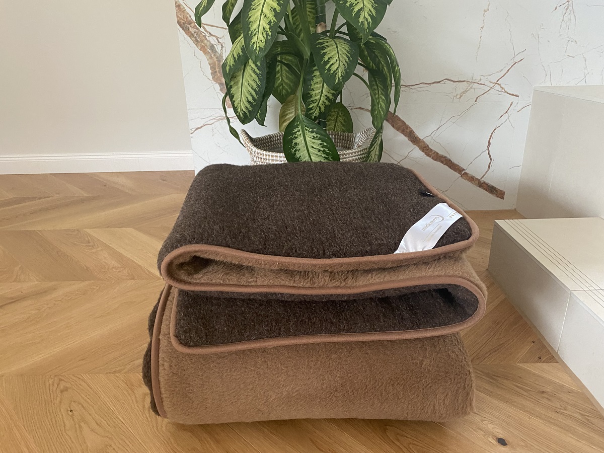 KOŁDRA WEŁNIANA MERYNOS SYBERIA DZIKI BRĄZ + CAMEL CIEMNY 200X200