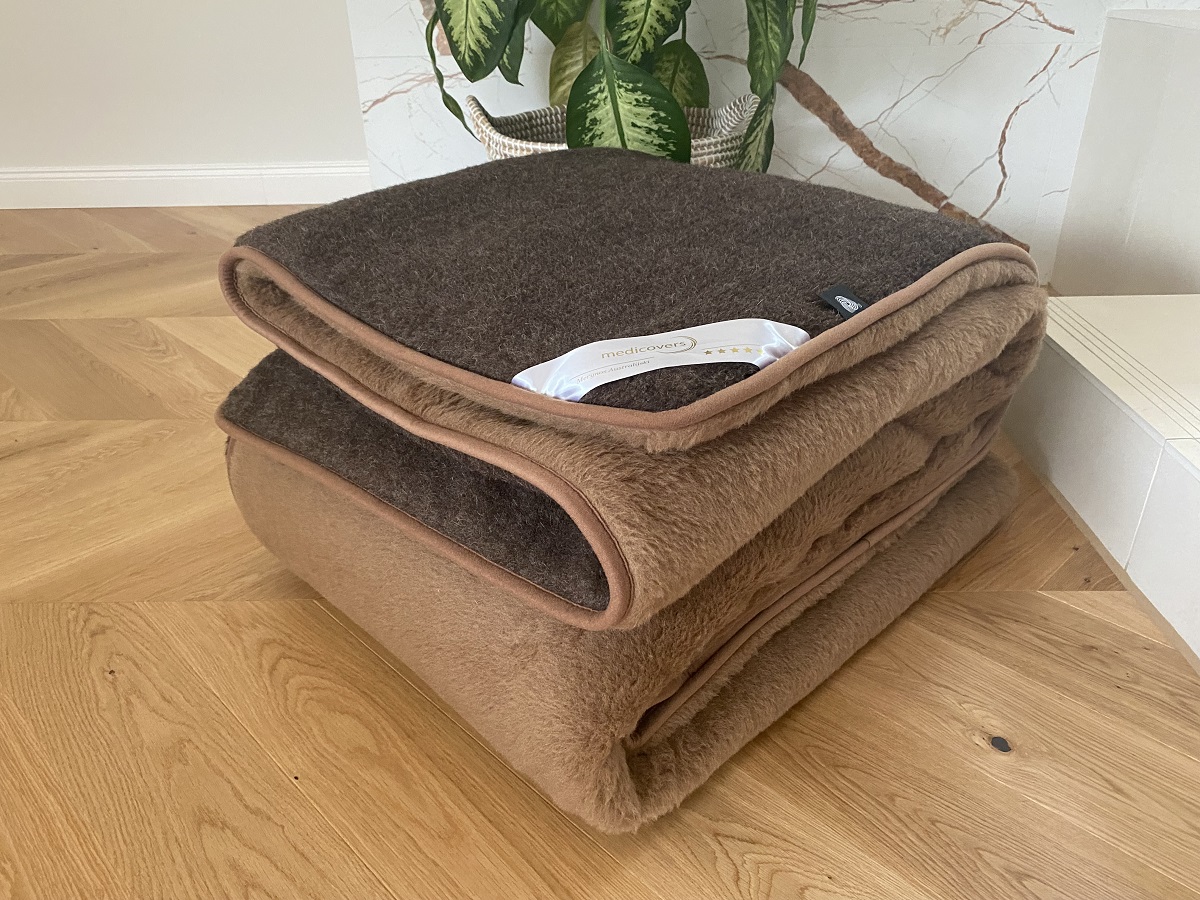 KOŁDRA WEŁNIANA MERYNOS SYBERIA DZIKI BRĄZ + CAMEL CIEMNY 200X200