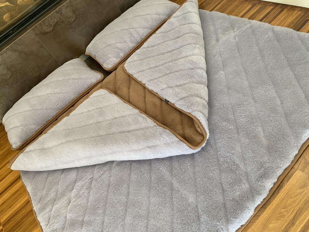 POŚCIEL WEŁNIANA ALPAKA SILVER PASY + CAMEL CIEMNY PASY 180x200 + PODKŁAD