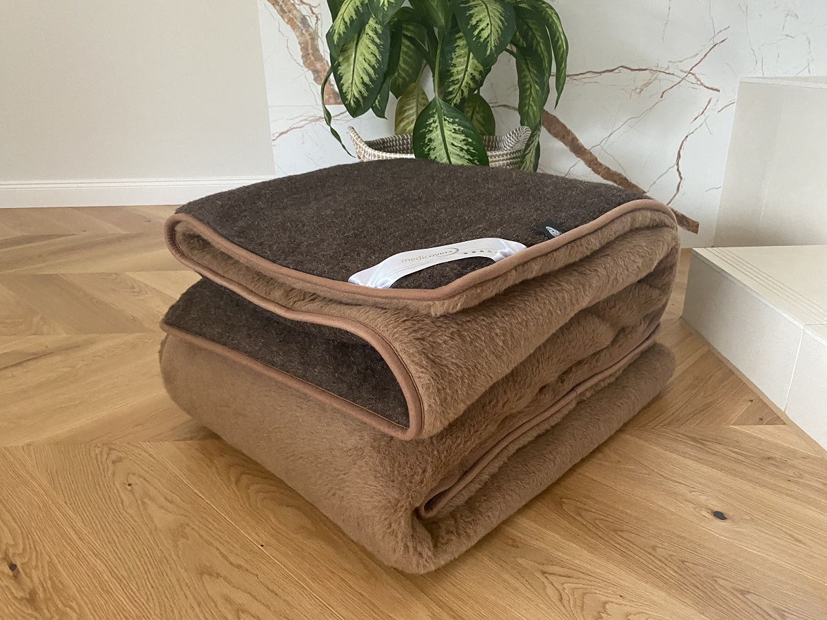 KOŁDRA WEŁNIANA MERYNOS SYBERIA DZIKI BRĄZ + CAMEL CIEMNY 200X200
