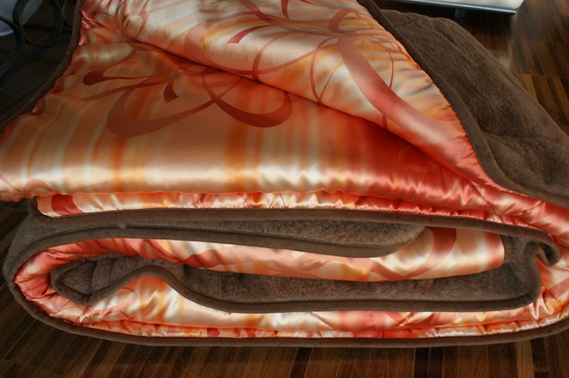 KOŁDRA WEŁNIANA CAMEL CIEMNY + SATYNA ORANGE 180X200
