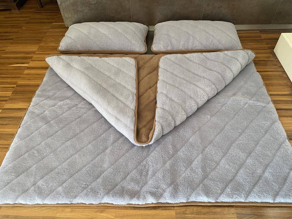 POŚCIEL WEŁNIANA ALPAKA SILVER PASY + CAMEL CIEMNY PASY 180x200 + PODKŁAD