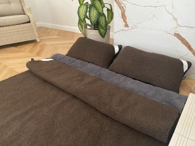 POŚCIEL WEŁNIANA MERYNOS SYBERIA DZIKI BRĄZ + ALPAKA CIEMNA CARO 220X200 + PODKŁAD