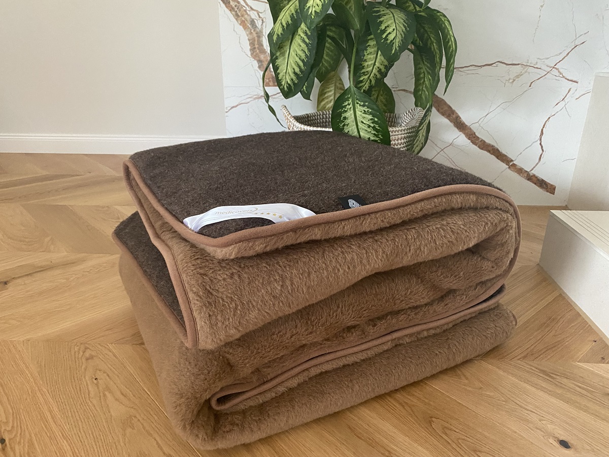 KOŁDRA WEŁNIANA MERYNOS SYBERIA DZIKI BRĄZ + CAMEL CIEMNY 200X200