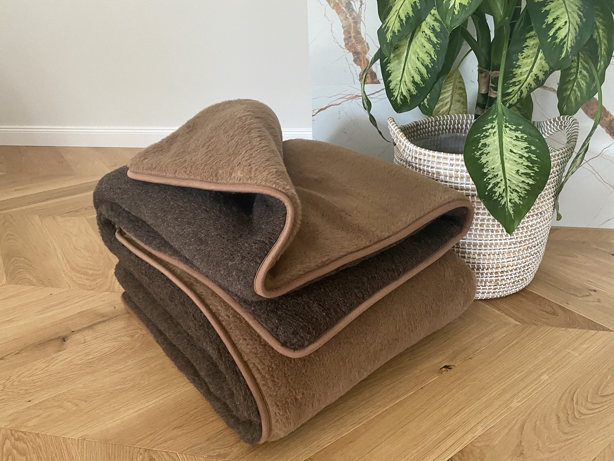 KOŁDRA WEŁNIANA MERYNOS SYBERIA DZIKI BRĄZ + CAMEL CIEMNY 200X200