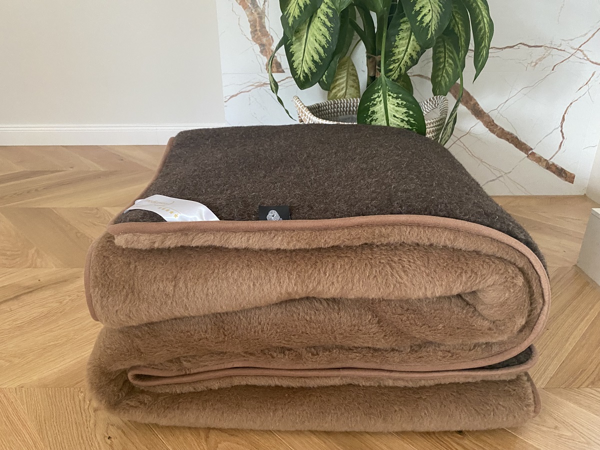 KOŁDRA WEŁNIANA MERYNOS SYBERIA DZIKI BRĄZ + CAMEL CIEMNY 200X200