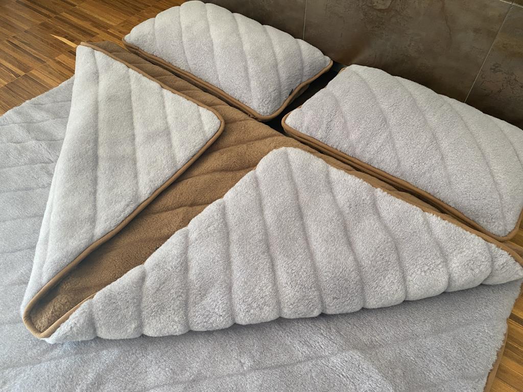 POŚCIEL WEŁNIANA ALPAKA SILVER PASY + CAMEL CIEMNY PASY 180x200 + PODKŁAD