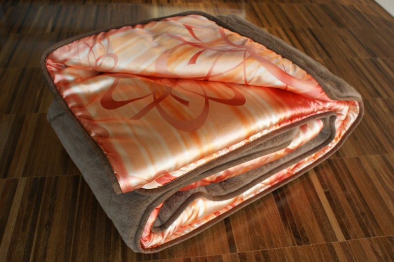 KOŁDRA WEŁNIANA CAMEL CIEMNY + SATYNA ORANGE 180X200
