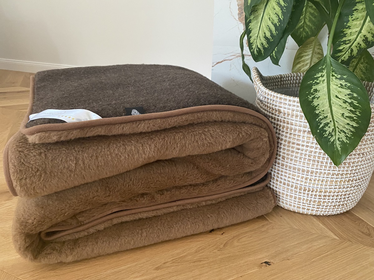 KOŁDRA WEŁNIANA MERYNOS SYBERIA DZIKI BRĄZ + CAMEL CIEMNY 200X200