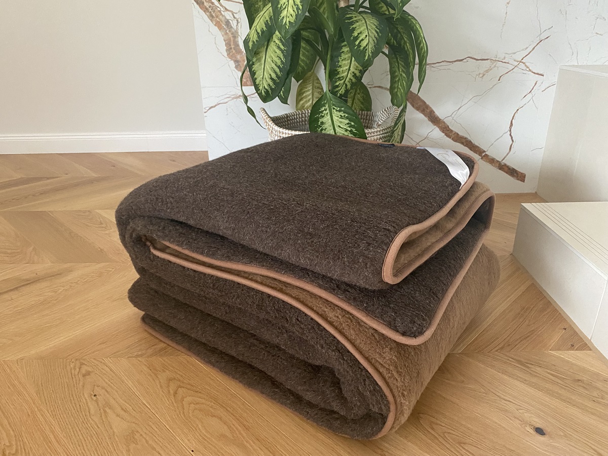 KOŁDRA WEŁNIANA MERYNOS SYBERIA DZIKI BRĄZ + CAMEL CIEMNY 200X200