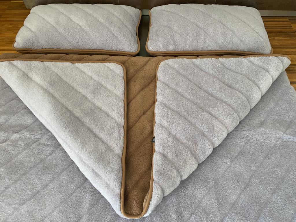 POŚCIEL WEŁNIANA ALPAKA SILVER PASY + CAMEL CIEMNY PASY 180x200 + PODKŁAD