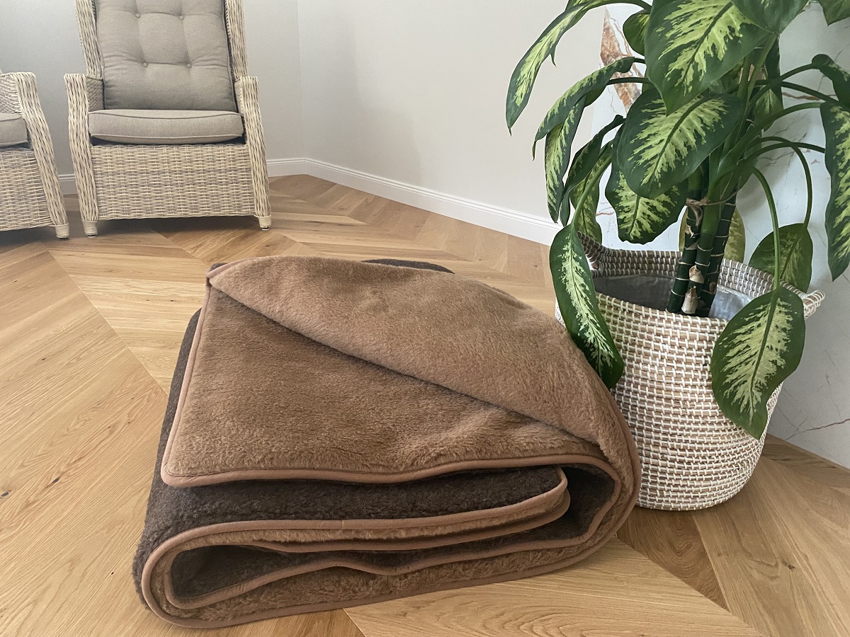KOŁDRA WEŁNIANA MERYNOS SYBERIA DZIKI BRĄZ + CAMEL CIEMNY 200X200