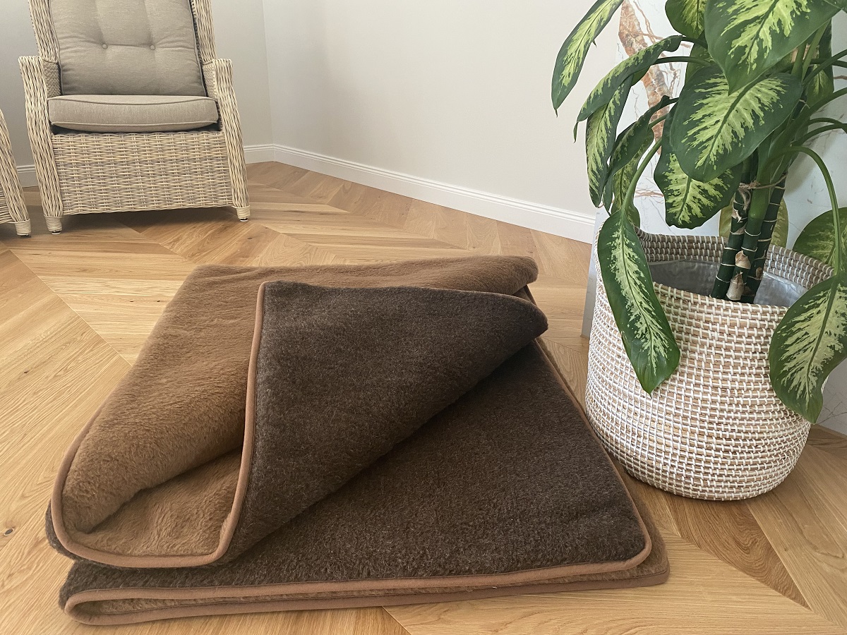 KOŁDRA WEŁNIANA MERYNOS SYBERIA DZIKI BRĄZ + CAMEL CIEMNY 200X200