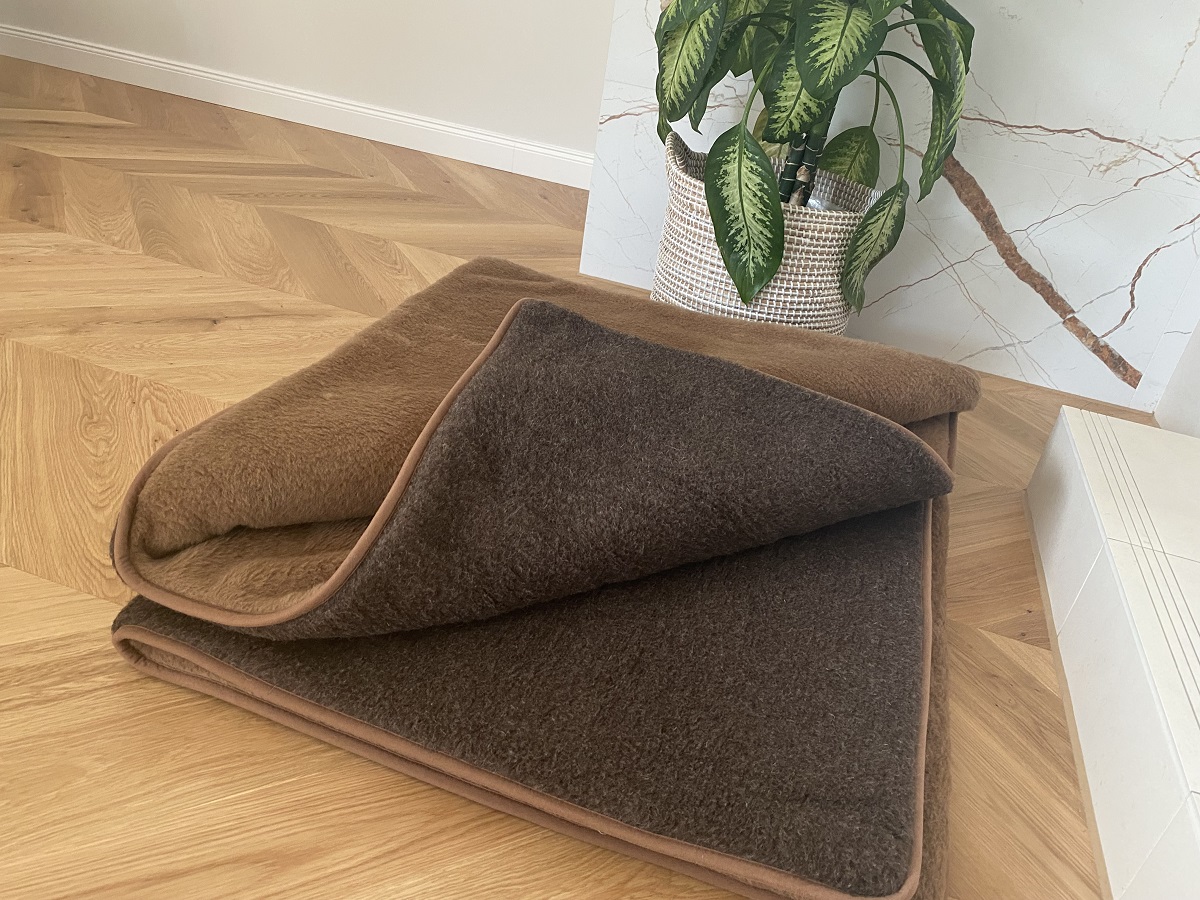 KOŁDRA WEŁNIANA MERYNOS SYBERIA DZIKI BRĄZ + CAMEL CIEMNY 200X200