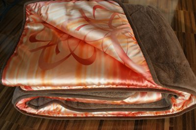 KOŁDRA WEŁNIANA CAMEL CIEMNY + SATYNA ORANGE 160X200