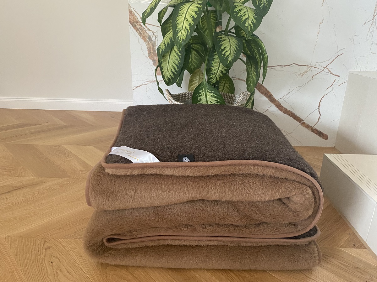 KOŁDRA WEŁNIANA MERYNOS SYBERIA DZIKI BRĄZ + CAMEL CIEMNY 200X200