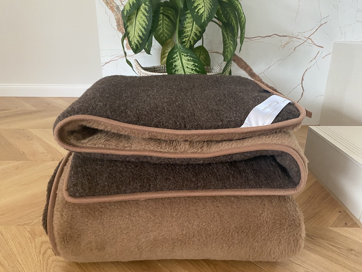 KOŁDRA WEŁNIANA MERYNOS SYBERIA DZIKI BRĄZ + CAMEL CIEMNY 200X200