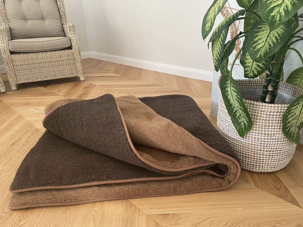KOŁDRA WEŁNIANA MERYNOS SYBERIA DZIKI BRĄZ + CAMEL CIEMNY 200X200