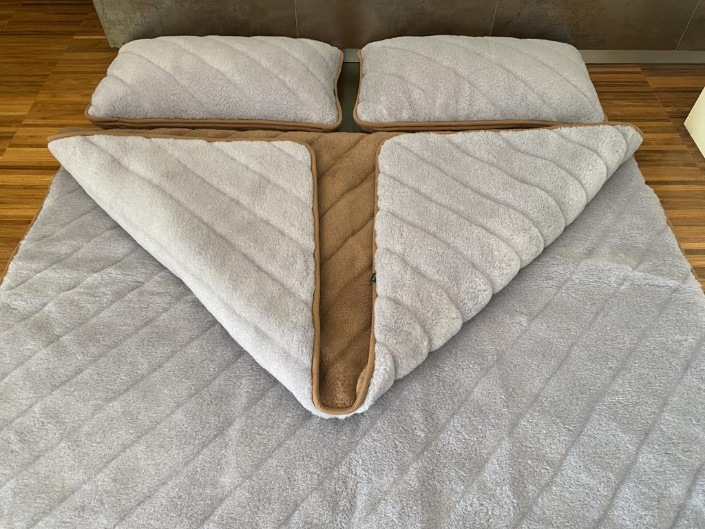 POŚCIEL WEŁNIANA ALPAKA SILVER PASY + CAMEL CIEMNY PASY 180x200 + PODKŁAD
