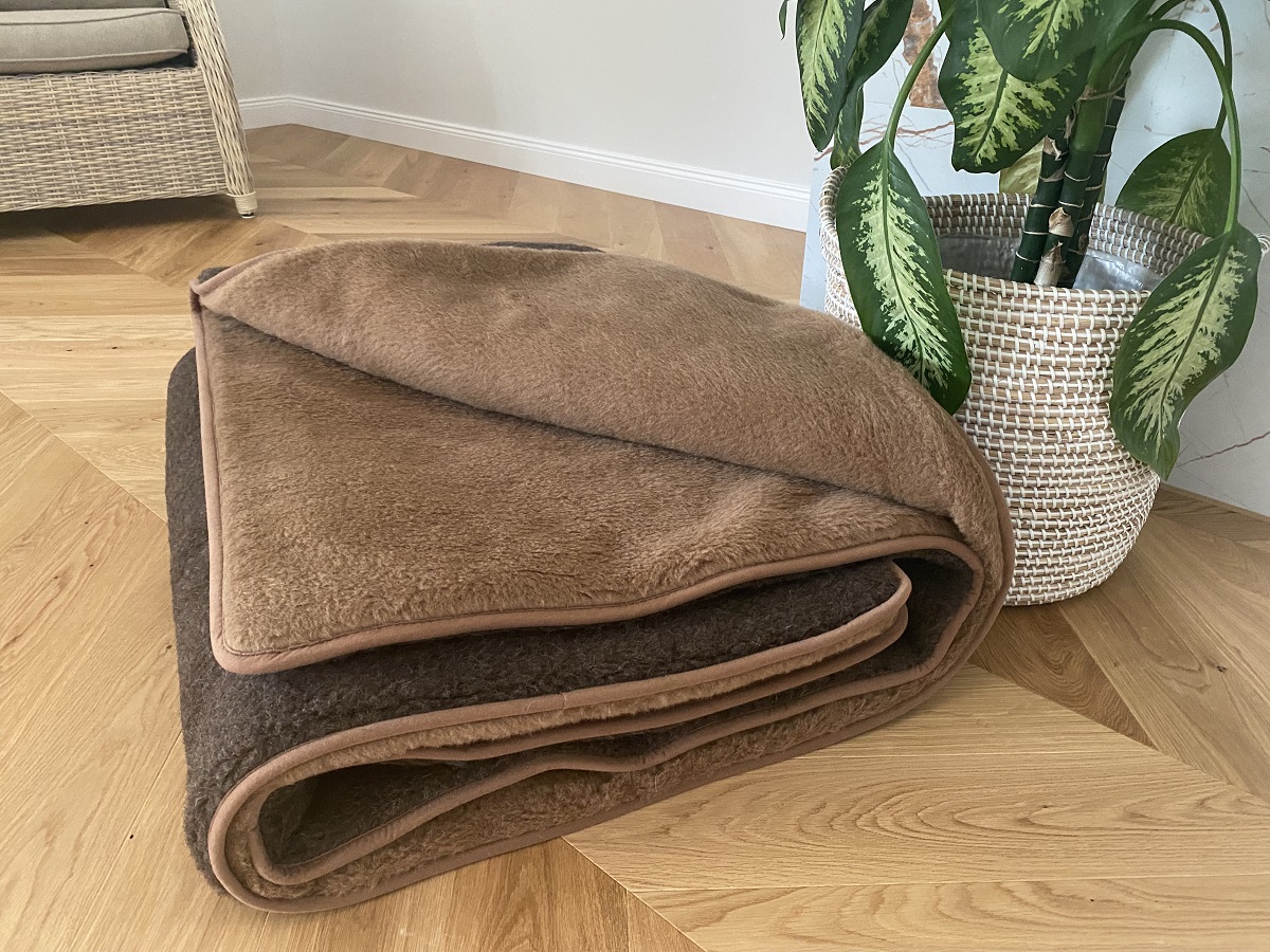 KOŁDRA WEŁNIANA MERYNOS SYBERIA DZIKI BRĄZ + CAMEL CIEMNY 200X200