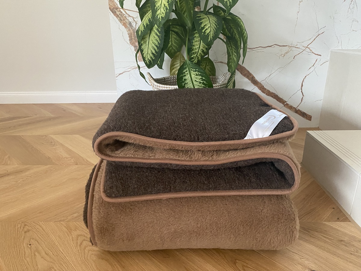 KOŁDRA WEŁNIANA MERYNOS SYBERIA DZIKI BRĄZ + CAMEL CIEMNY 200X200
