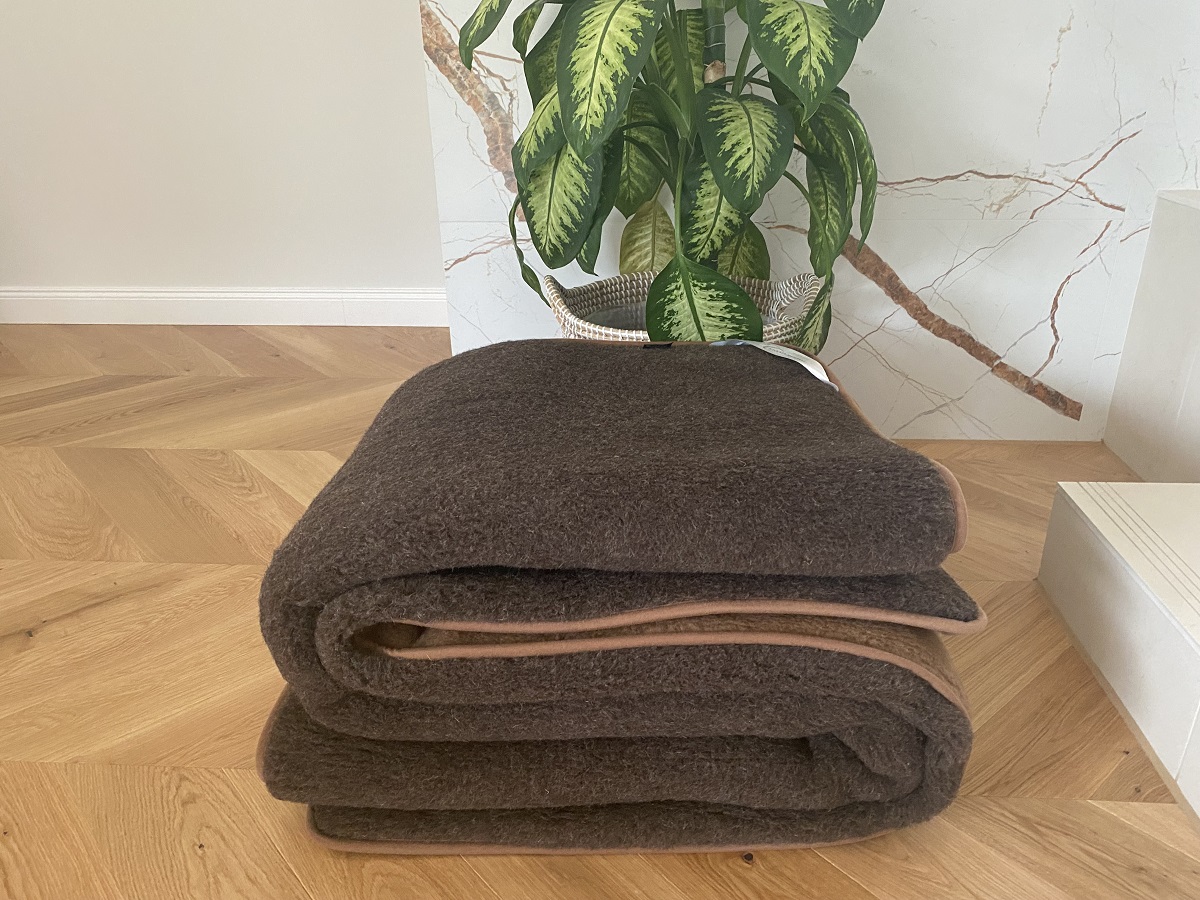 KOŁDRA WEŁNIANA MERYNOS SYBERIA DZIKI BRĄZ + CAMEL CIEMNY 200X200