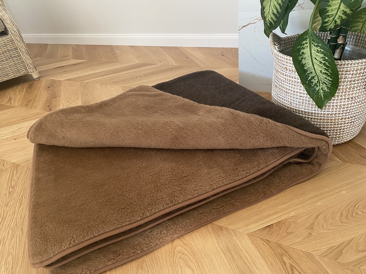 KOŁDRA WEŁNIANA MERYNOS SYBERIA DZIKI BRĄZ + CAMEL CIEMNY 200X200