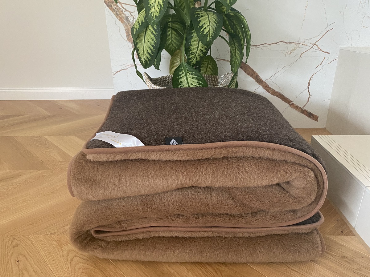 KOŁDRA WEŁNIANA MERYNOS SYBERIA DZIKI BRĄZ + CAMEL CIEMNY 200X200