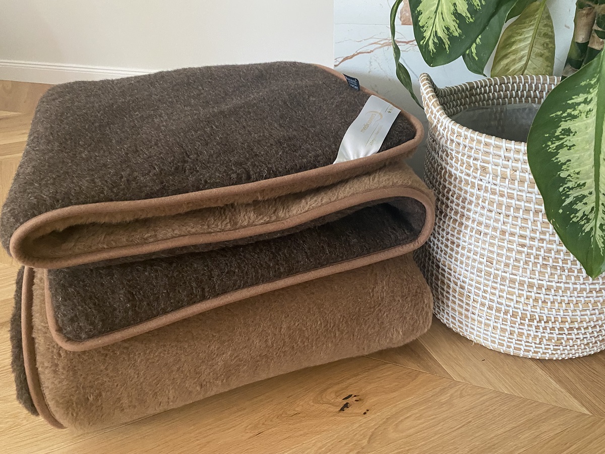 KOŁDRA WEŁNIANA MERYNOS SYBERIA DZIKI BRĄZ + CAMEL CIEMNY 200X200