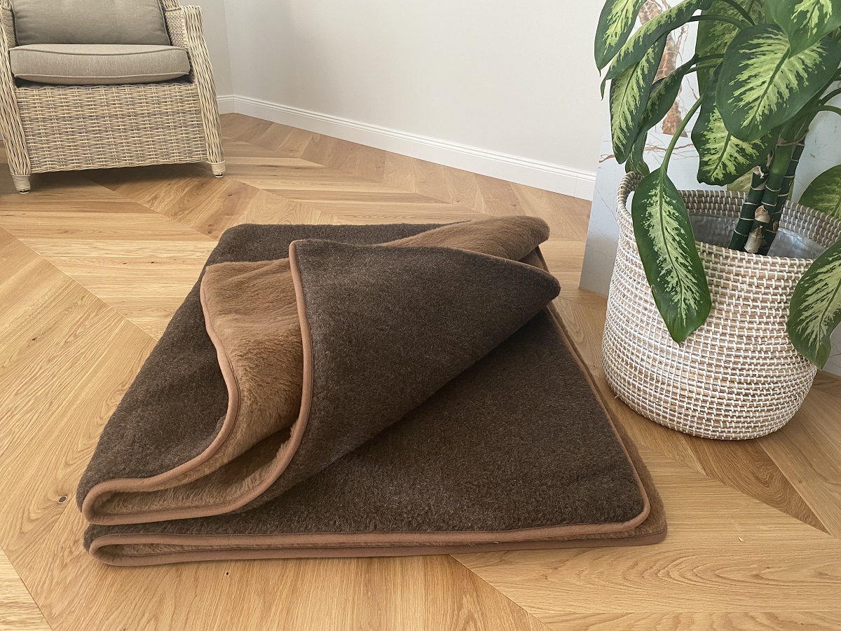 KOŁDRA WEŁNIANA MERYNOS SYBERIA DZIKI BRĄZ + CAMEL CIEMNY 200X200
